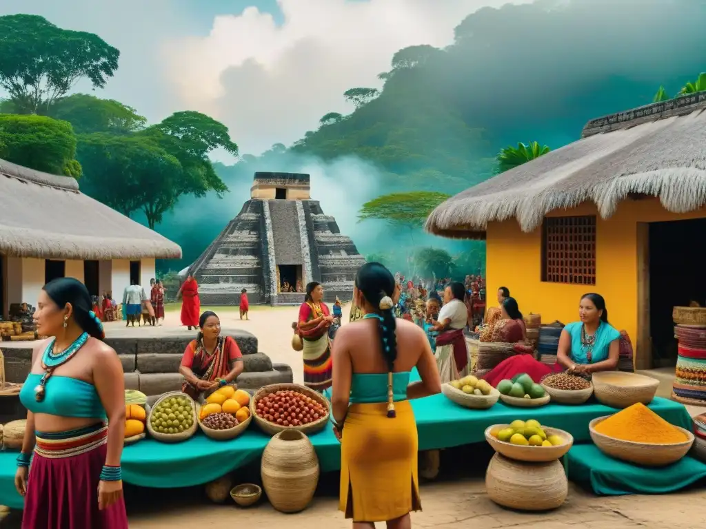 Vibrante mercado maya con prácticas comerciales de la civilización maya