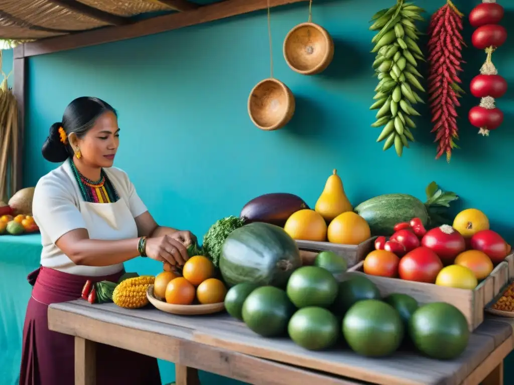 Vibrante mercado maya con productos frescos y coloridos