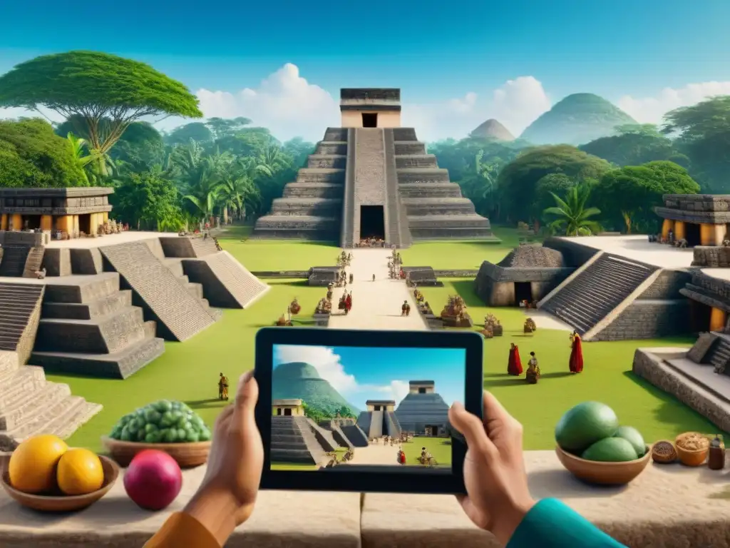 Vibrante mercado maya con realidad aumentada en ciudades mayas, arqueólogos y frutas exóticas en display