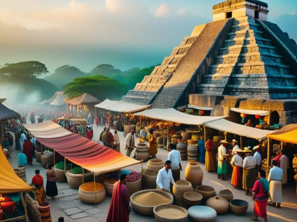 Un vibrante mercado maya en una ruta comercial, con intercambio de bienes y cultura al atardecer