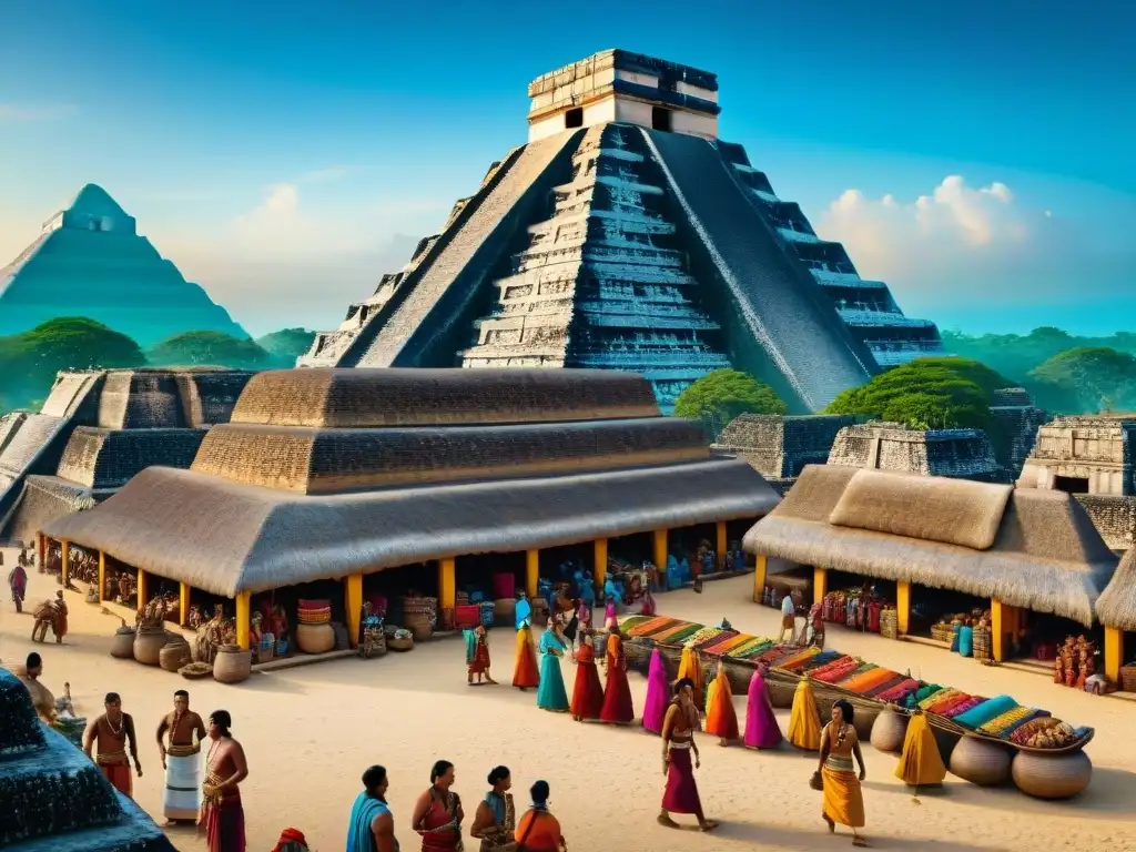 Mercado Maya: Intercambio cultural en ruinas ancestrales Vibrante mercado maya en rutas comerciales, intercambio cultural entre mercaderes de diferentes etnias