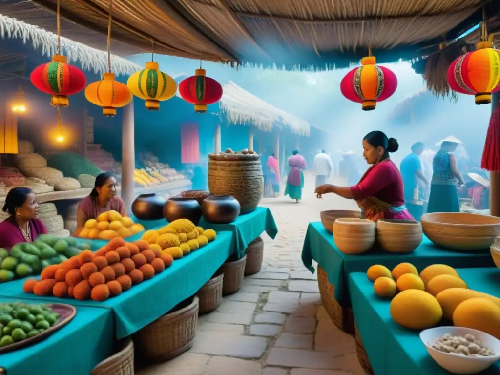 Un vibrante Mercado Maya: sabores, colores y comercio se entrelazan en una escena llena de vida y tradición