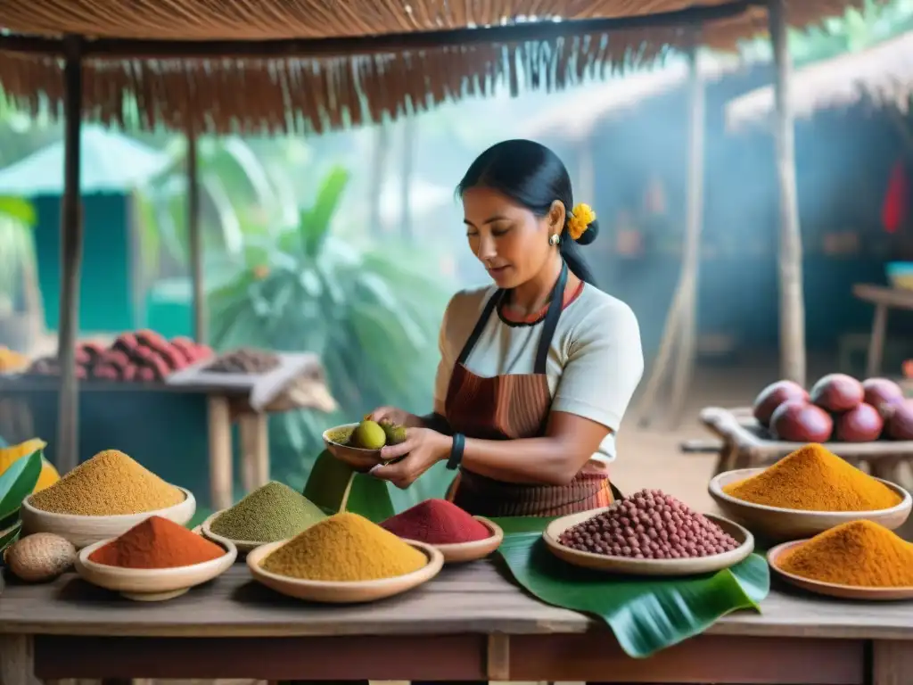 Un vibrante mercado maya con tamarindos y mujeres locales en trajes tradicionales, transmitiendo la autenticidad de 'Tamarindo en la gastronomía maya'