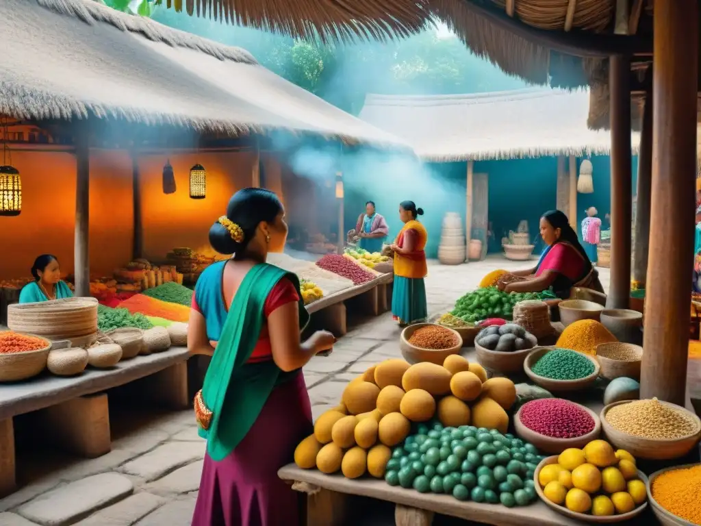 Un vibrante mercado maya con textiles coloridos, artesanías y locales comerciando