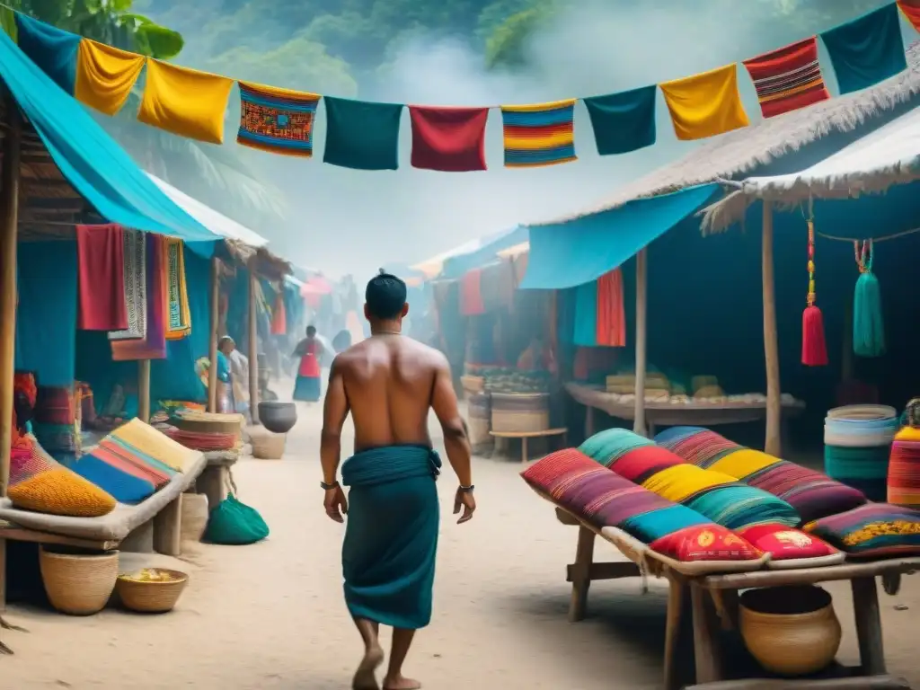 Mercado Maya: color y tradición en una escena vibrante Vibrante mercado maya con textiles coloridos y niños jugando, reflejando la vitalidad de las lenguas mayas