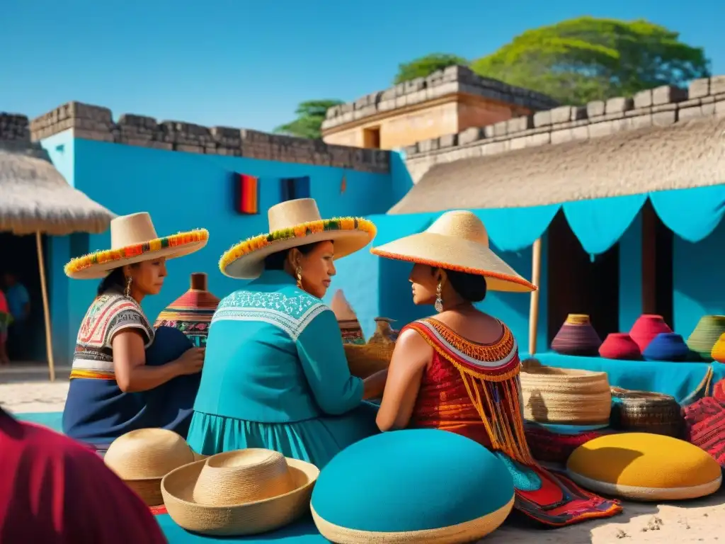 Mercado maya vibrante: textiles, artesanías y tradiciones Vibrante mercado maya con textiles coloridos y artesanías, gente indígena en actividades culturales