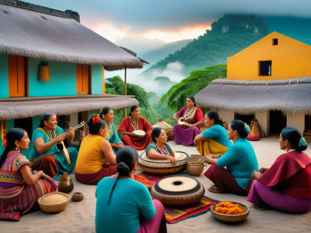 Vibrante mercado maya al amanecer, con textiles coloridos y artesanías en una plaza bulliciosa