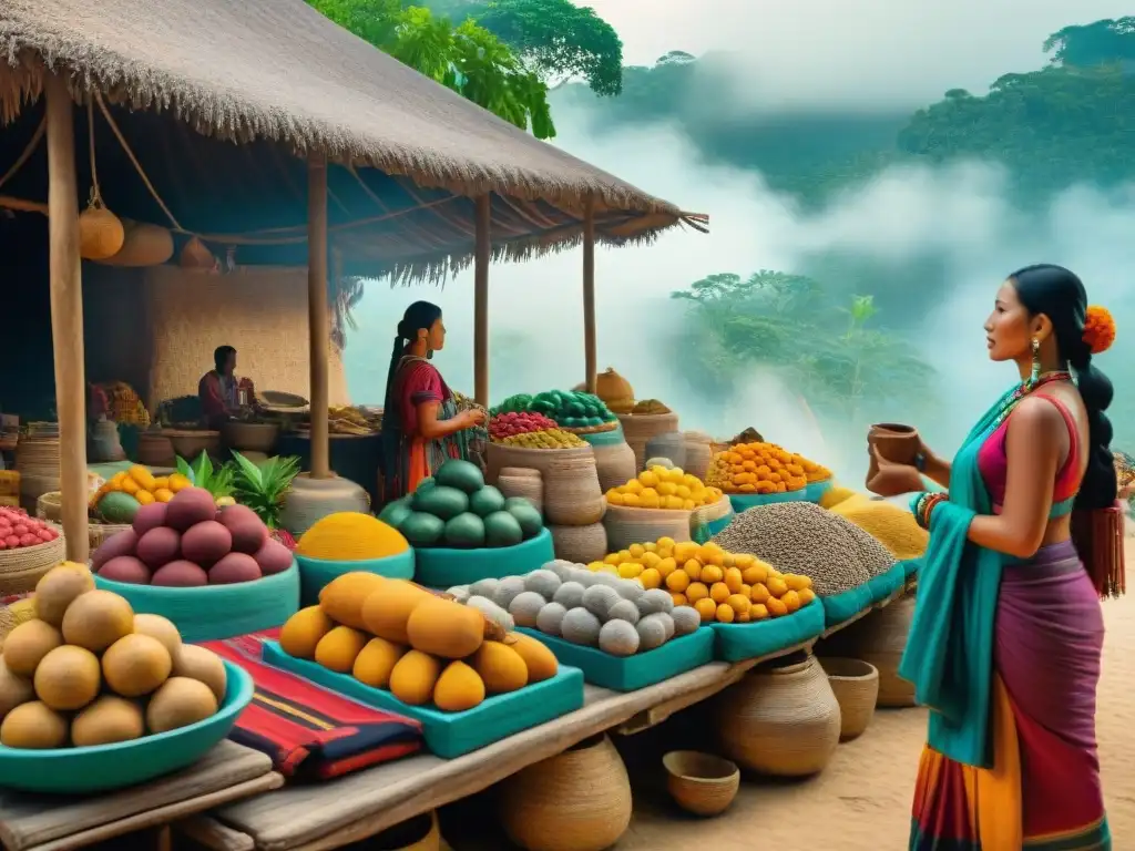 Vibrante mercado maya con textiles, cerámica, frutas y comercio