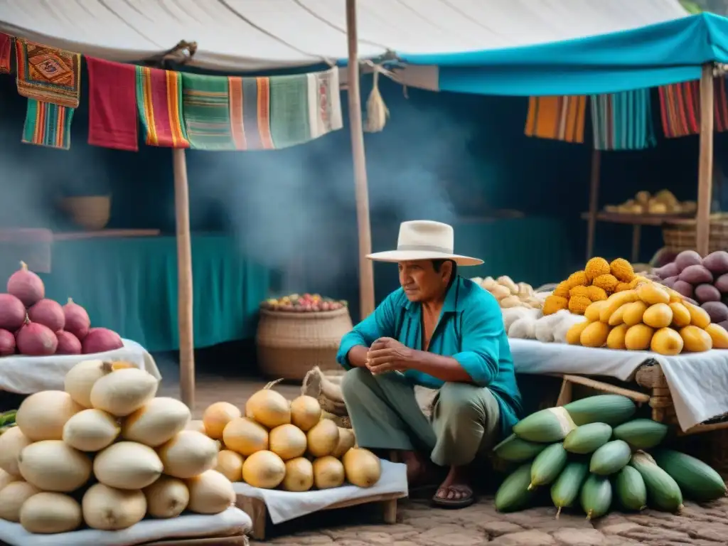 Un vibrante mercado maya con yuca, camote y textiles tradicionales