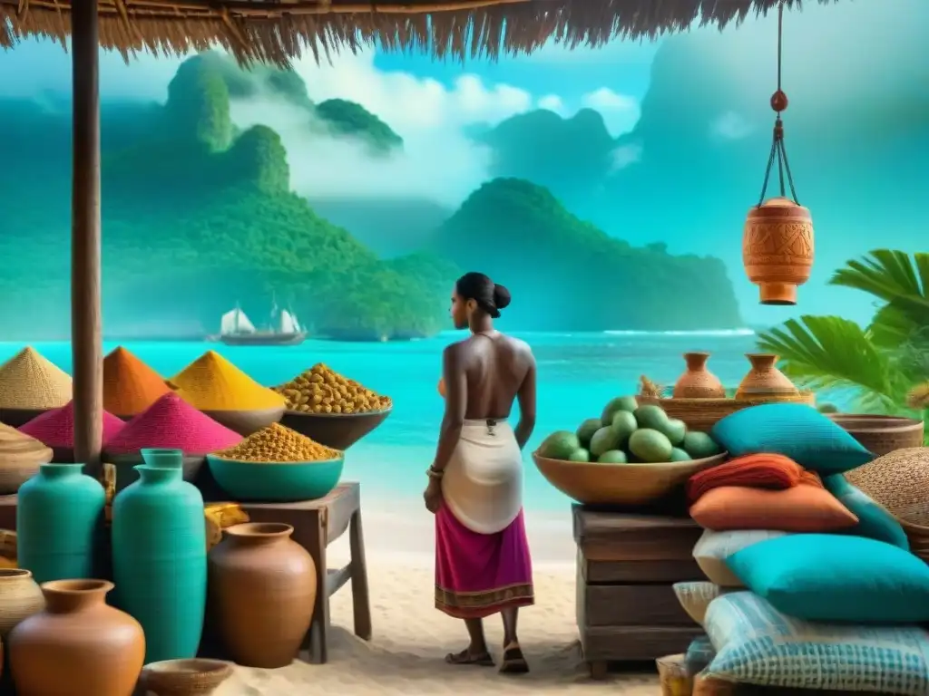 Un vibrante mercado Maya en el Caribe, con textiles coloridos, comerciantes y cerámica, reflejando el comercio maya en el Caribe