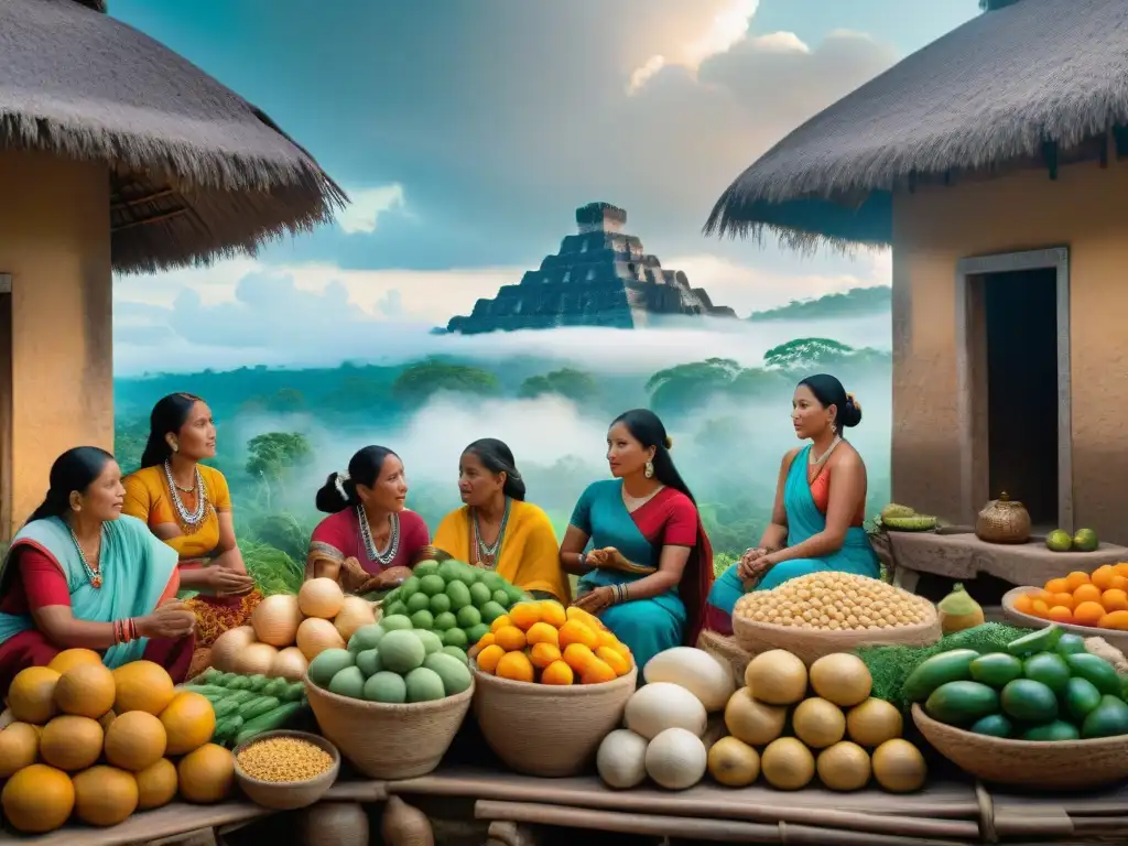 Vibrante mercado Maya con textiles, frutas, cerámica y comerciantes, reflejando economía y sociedad de la civilización