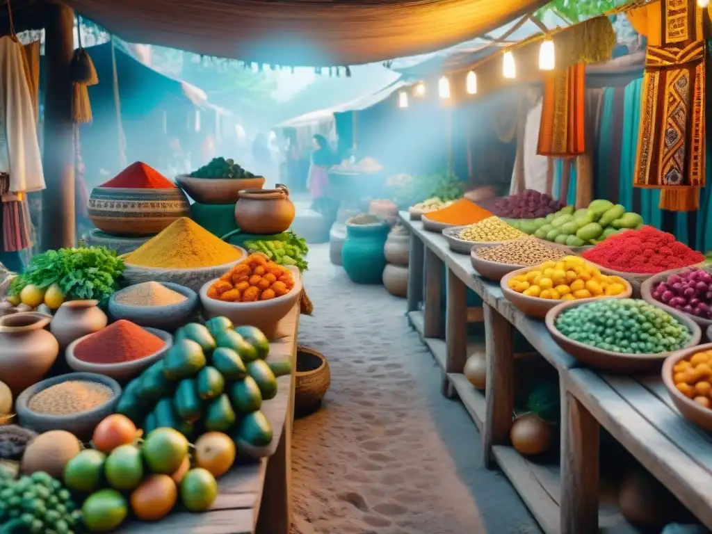 Vibrante mercado maya con textiles, cerámica y frutas coloridas en puestos de madera