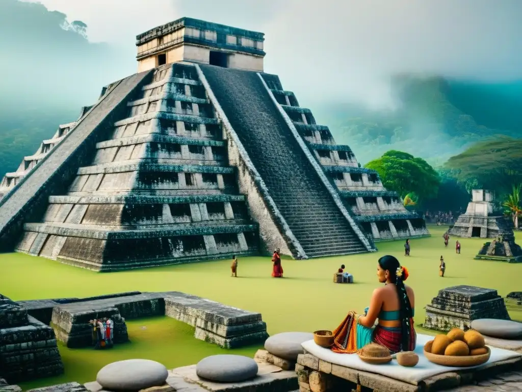 Vibrante mercado maya con turistas y vendedores locales, destacando la fusión cultural y el impacto turismo en sitios mayas