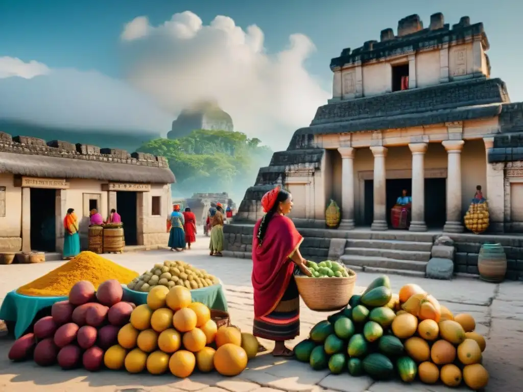 Vibrante mercado maya con vida moderna en comunidades, tradición en colores y detalles