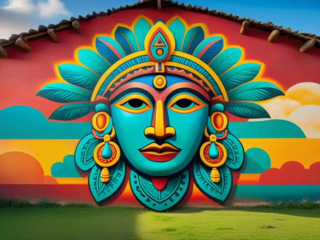 Vibrante mural en adobe rural, fusiona símbolos mayas con arte contemporáneo