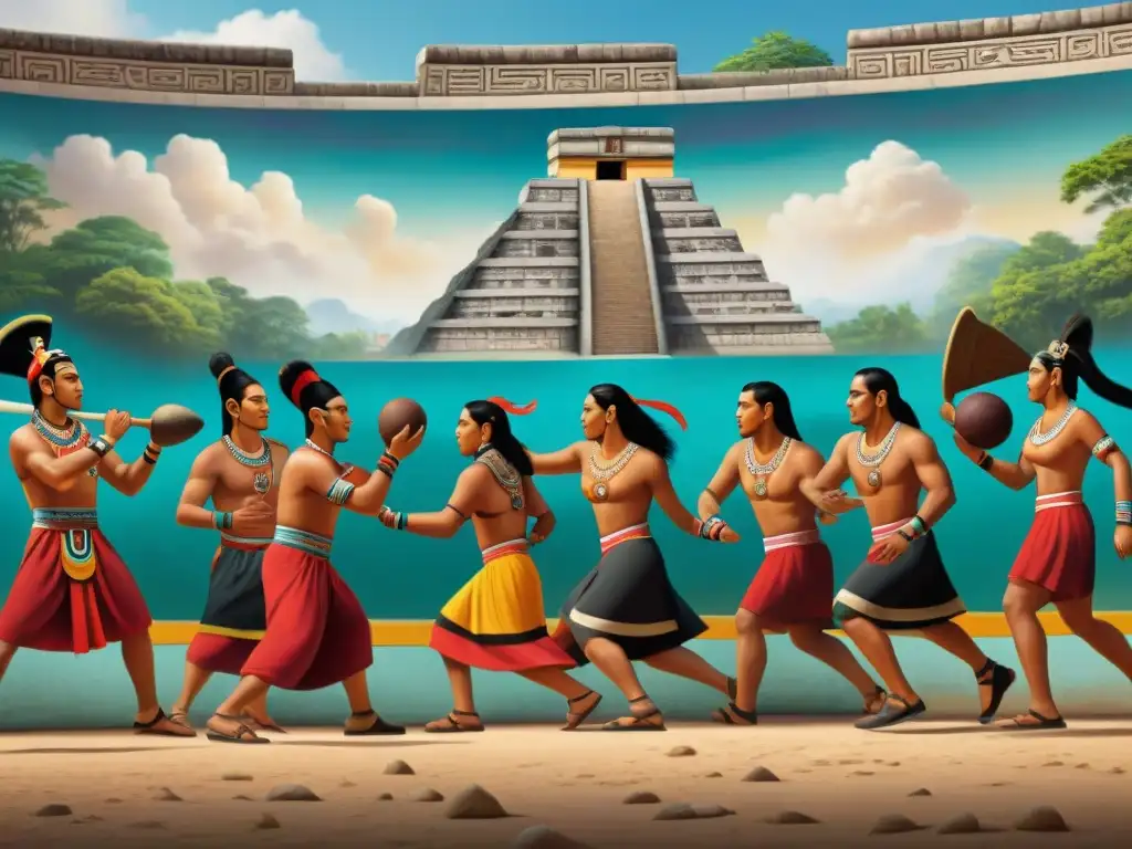 Vibrante mural de atletas mayas en juego de pelota