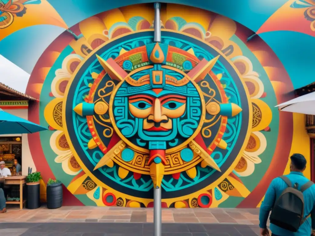 Un vibrante mural del calendario maya en un bullicioso mercado, reflejando la influencia del calendario maya hoy