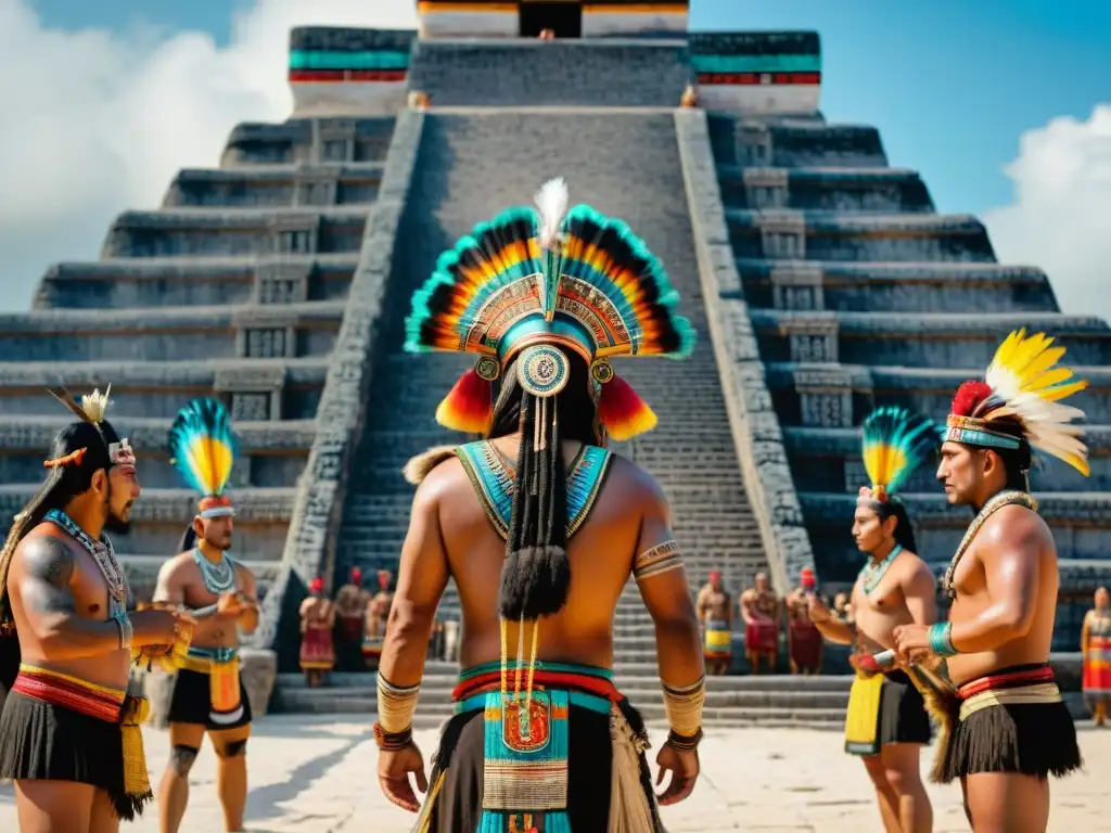 Un vibrante mural de chamanes mayas realizando un ritual sagrado en una plaza antigua, rodeados de observadores vestidos con atuendos tradicionales