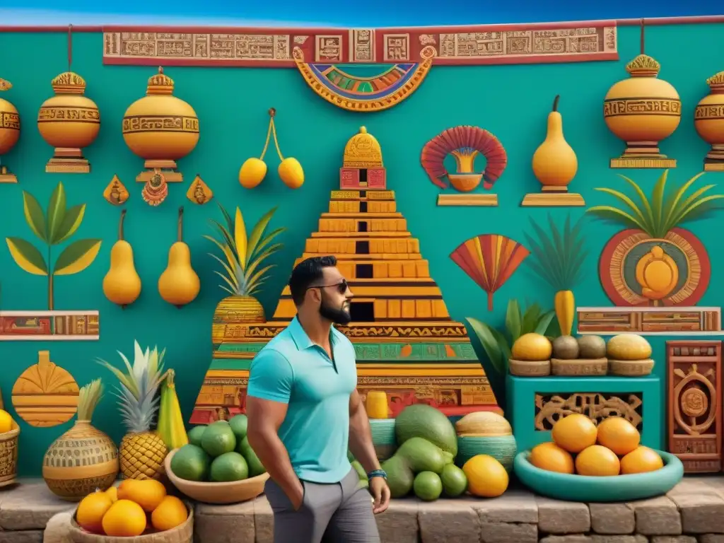 Un vibrante mural detalla el comercio entre mayas y caribeños, con escenas de mercado, textiles coloridos y frutas exóticas