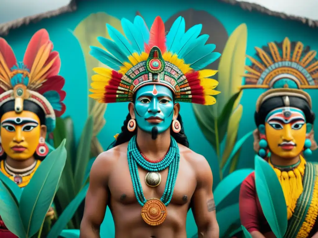 Vibrante mural de la cosmología maya en vida cotidiana, con dioses, mercado bullicioso y actividades tradicionales