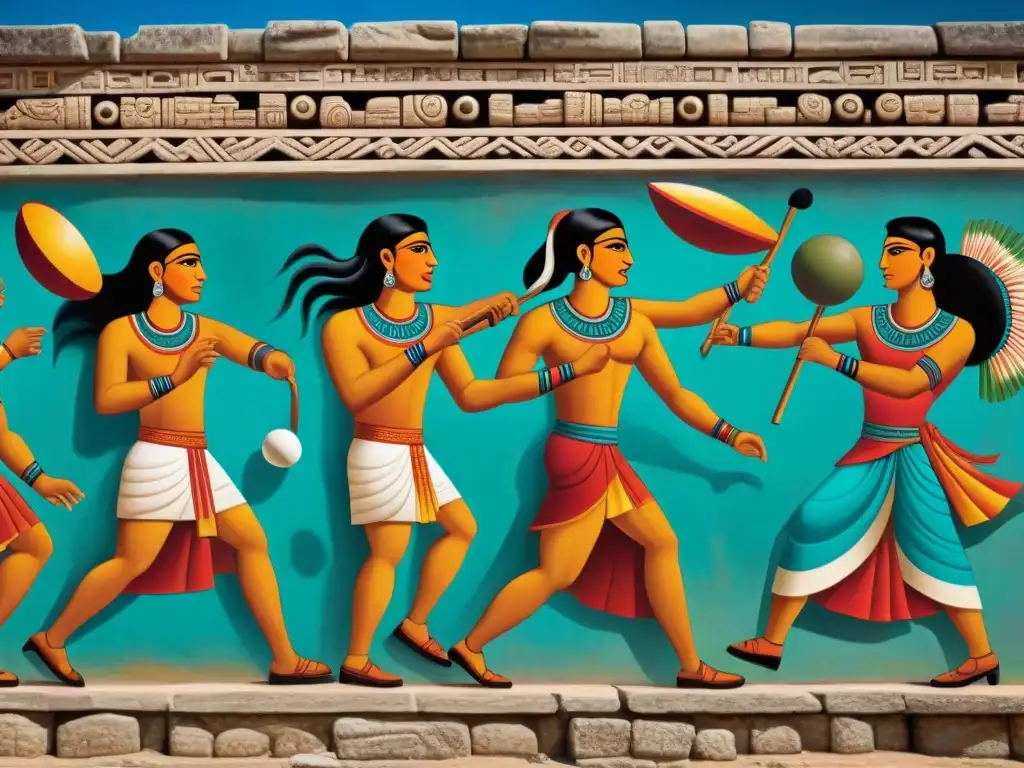 Vibrante mural de deportes tradicionales de los mayas en ruinas arqueológicas