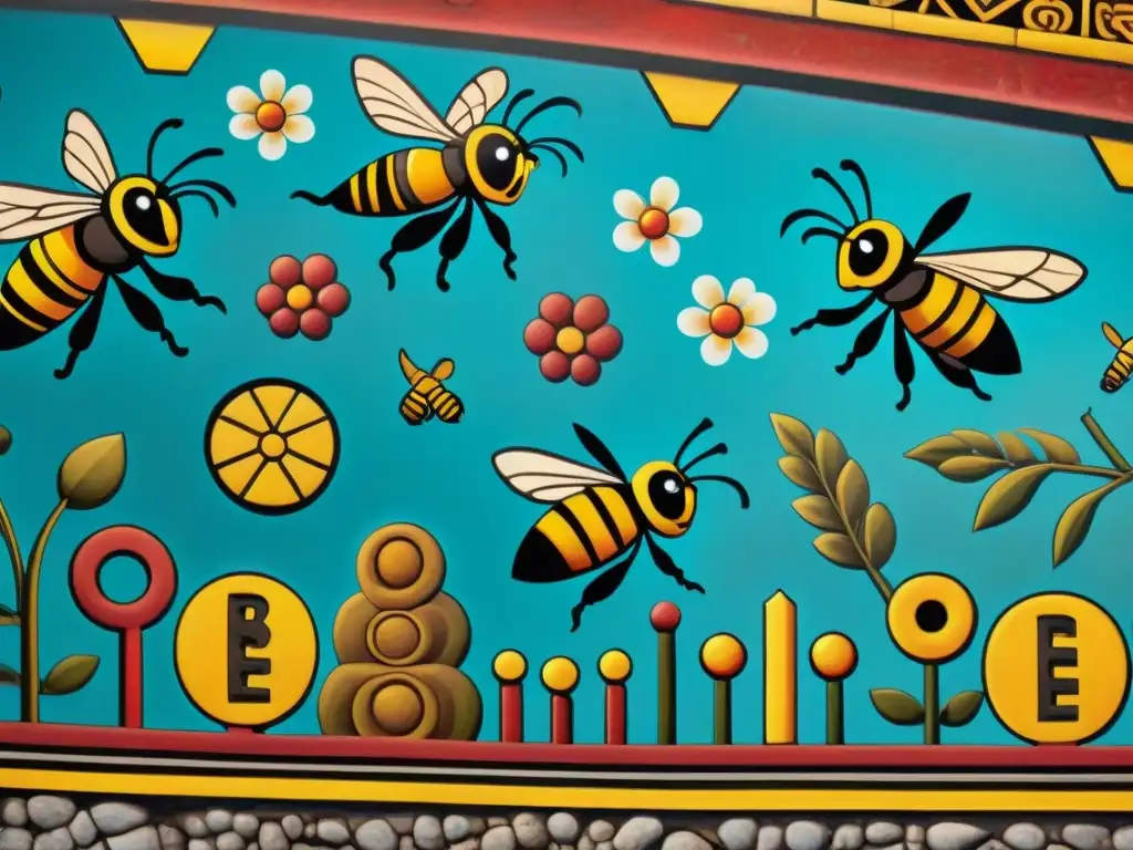 Vibrante mural maya de abejas sagradas en un sitio arqueológico