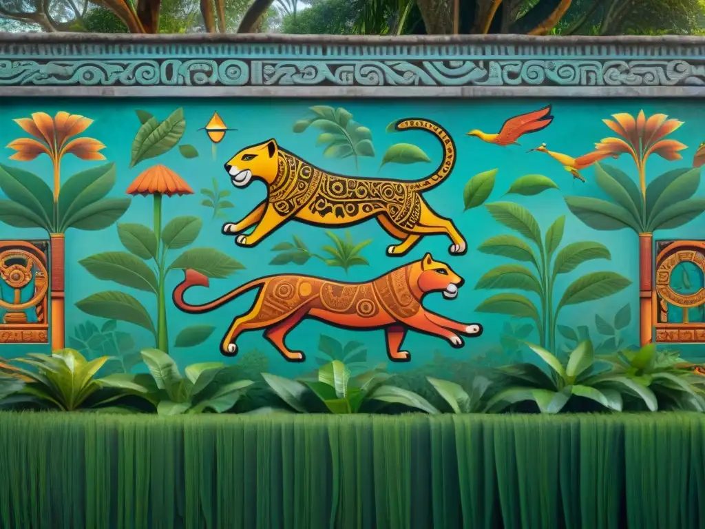 Vibrante mural maya de animales sagrados como jaguar, quetzal y serpiente, en pared de piedra