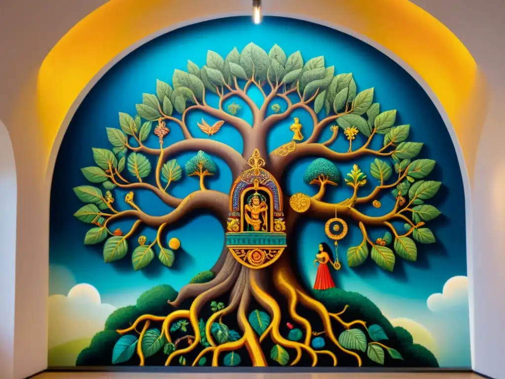 Vibrante mural maya del Árbol de la Vida, cosmos y deidades