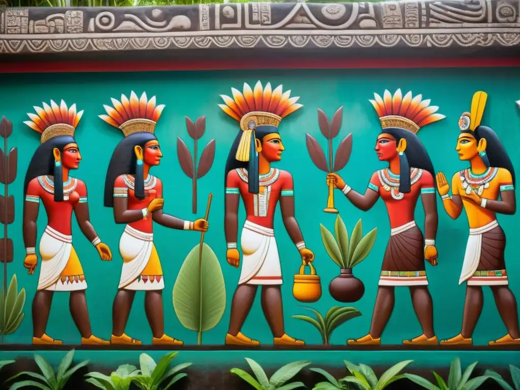 Vibrante mural maya de ceremonia de cacao en civilización maya