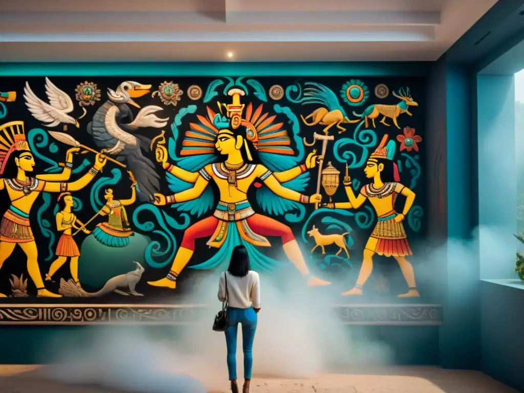 Vibrante mural maya detallado en 8k, con escenas del inframundo y representaciones mayas vida después muerte