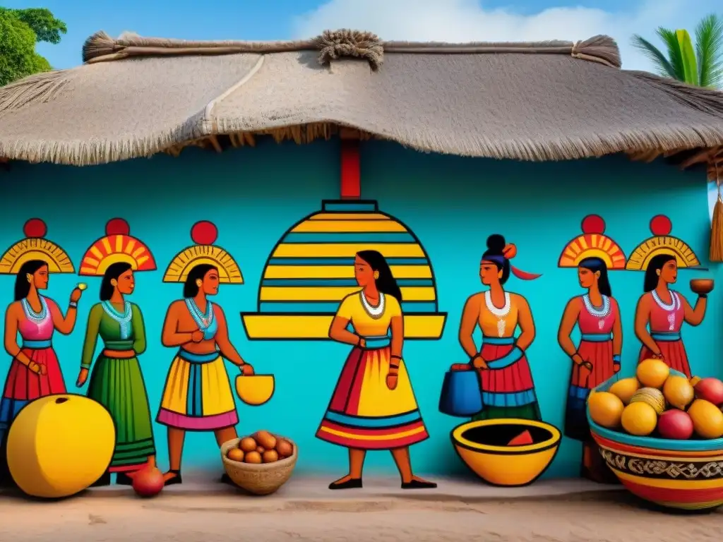 Vibrante mural maya con escenas de mercado y trueque, ilustrando comercio y cultura maya