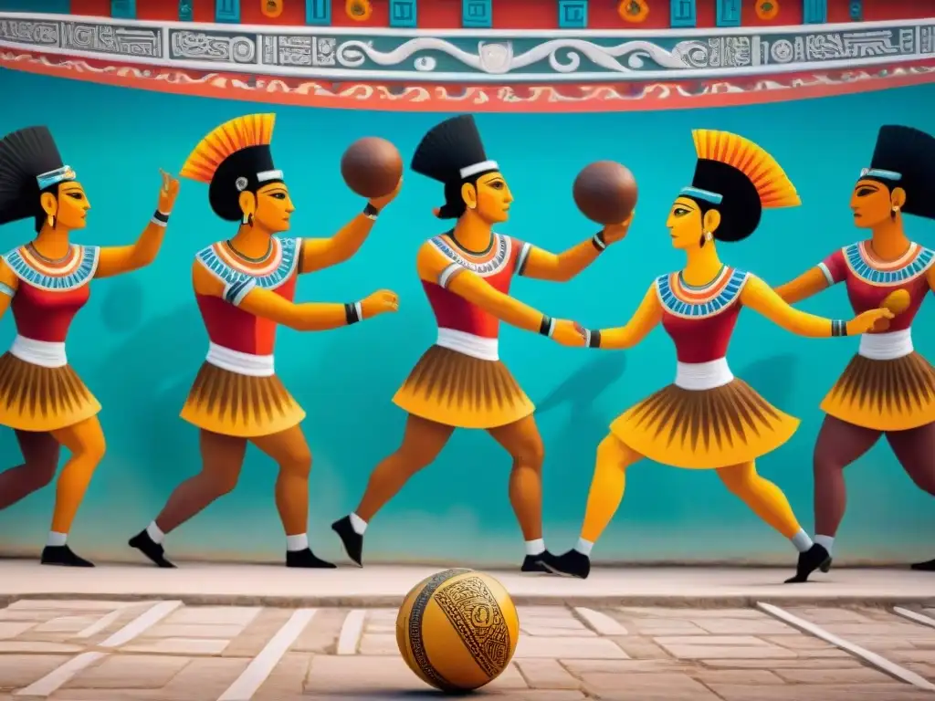 Vibrante mural maya del juego de pelota en Teotihuacán, reflejando la importancia cultural y deportiva