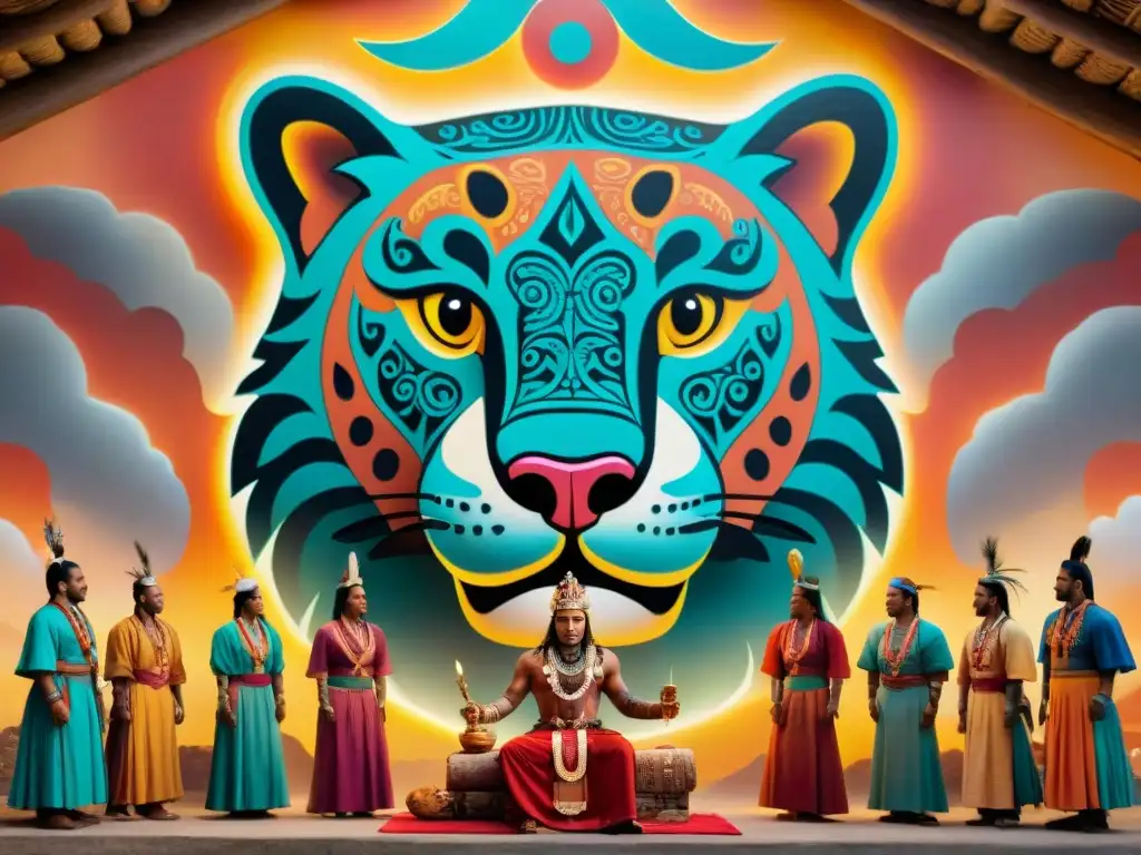 Vibrante mural maya de rituales chamánicos con jaguar transformándose en guía espiritual sobre ceremonia tradicional