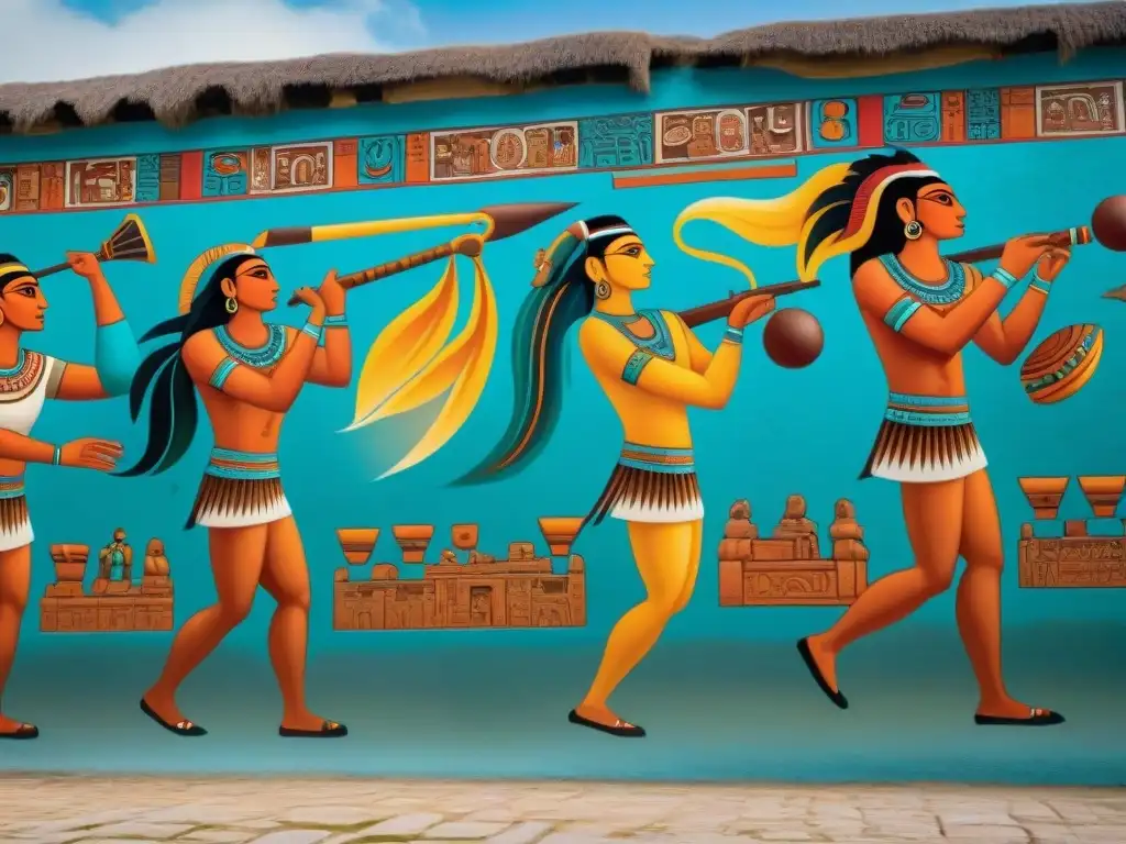 Vibrante mural maya que muestra el significado del juego de pelota ceremonial, con jugadores y jeroglíficos auténticos