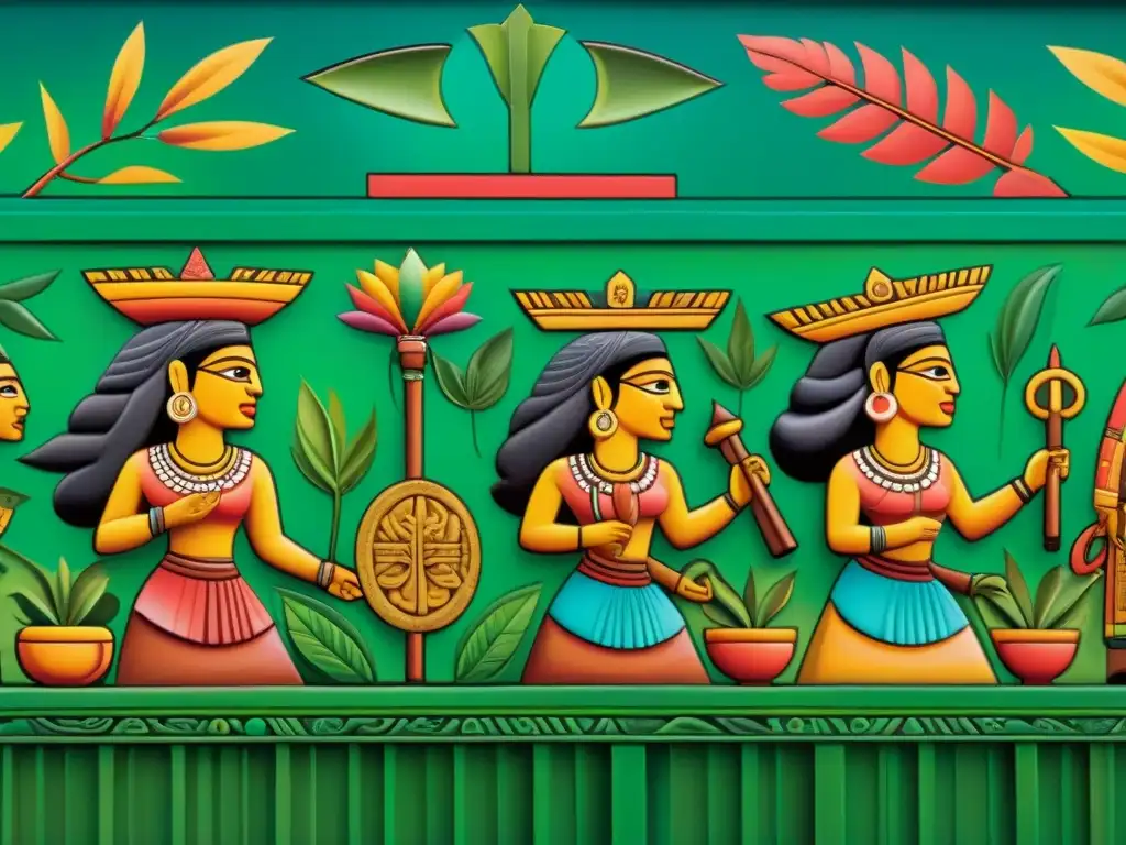 Vibrante mural maya revela la vida cotidiana mediante colores ricos y detalles meticulosos