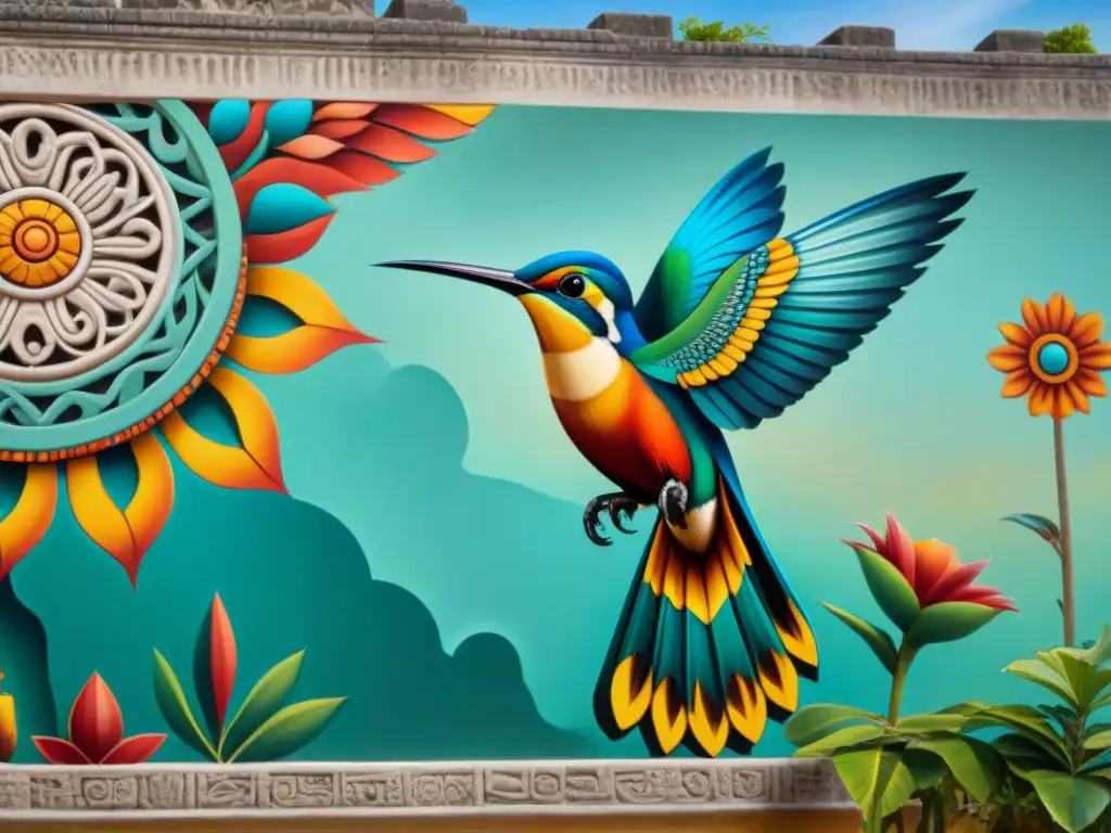 Vibrante mural maya con colibrí en vuelo y símbolos de renacimiento