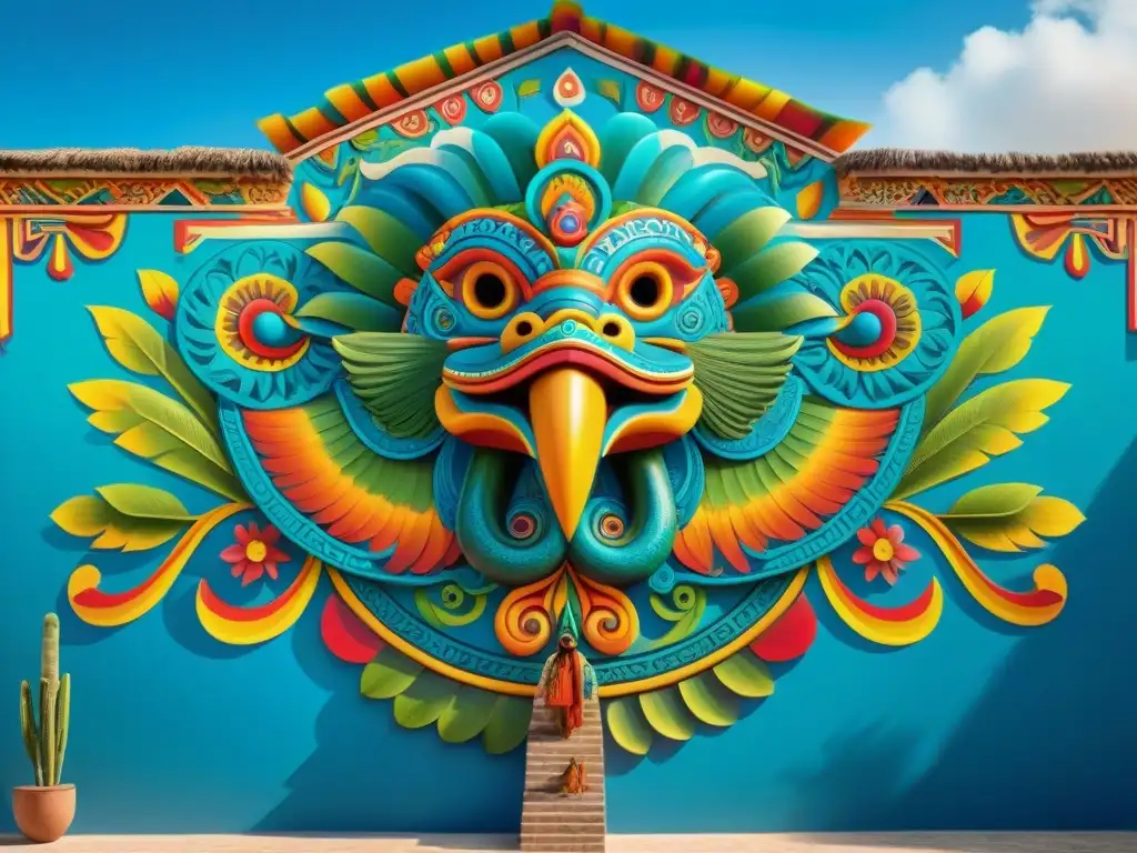 Vibrante mural en mercado mexicano con Quetzalcóatl en la cultura maya y coloridos detalles artísticos