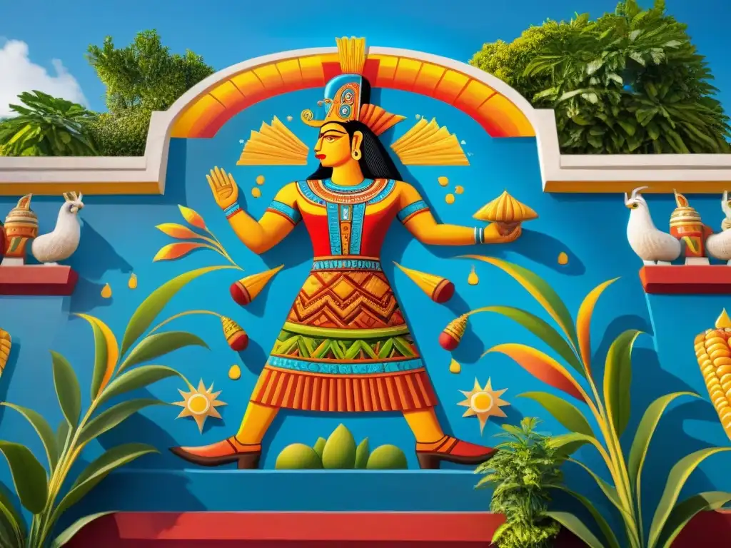 Vibrante mural de los Mitos de creación del Popol Vuh: deidades mayas en un templo con símbolos y colores vibrantes