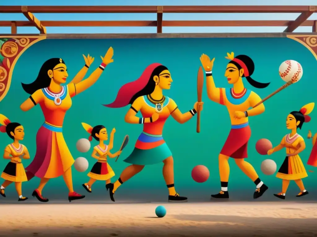 Vibrante mural en plaza urbana que representa el juego de pelota maya, con intensidad y simbolismo