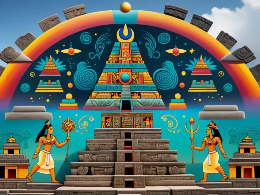 Vibrante mural en templo maya con hieroglíficos y arte detallado representando el Universo Maya trece cielos concepto