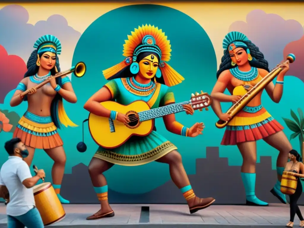 Un vibrante mural urbano con músicos mayas y una multitud diversa escuchando, fusionando tradición y contemporaneidad