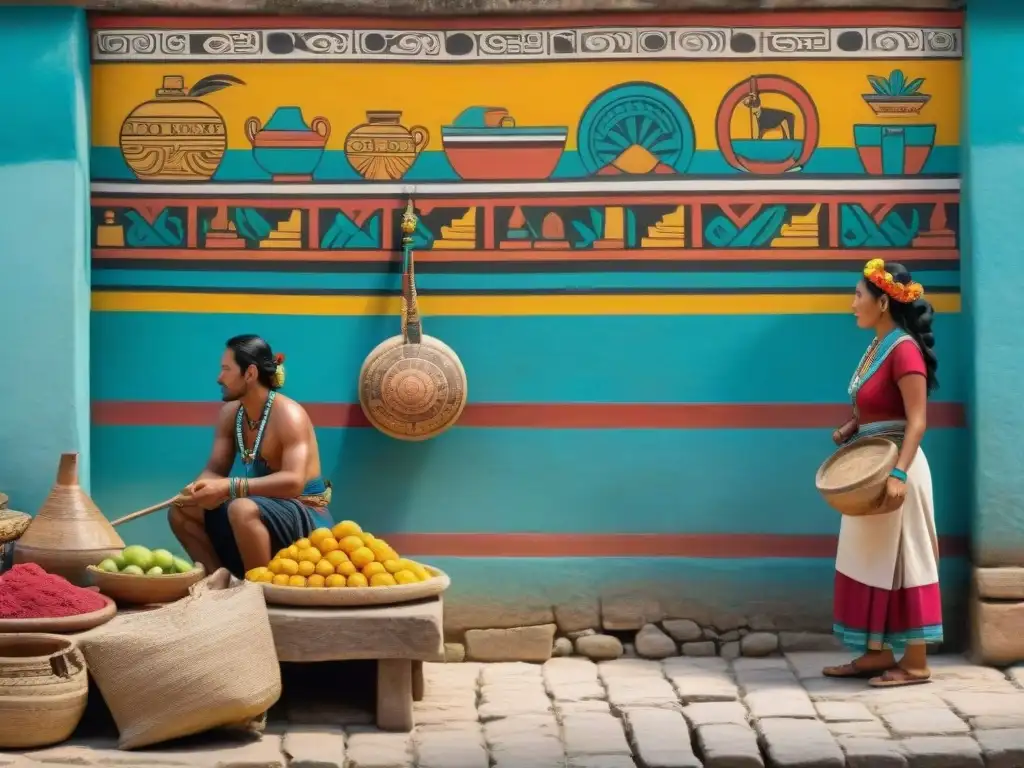 Vibrante mural en Bonampak muestra la vida cotidiana maya en un animado mercado con textiles coloridos y frutas exóticas