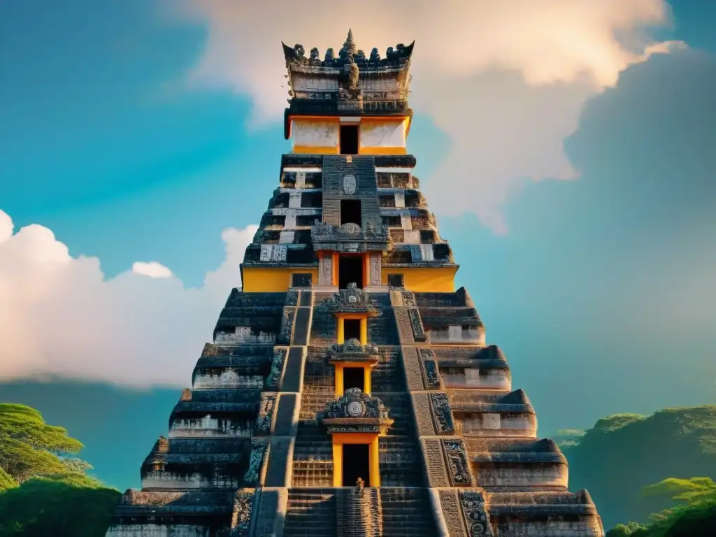 Un vibrante paisaje urbano con una torre de reloj digital maya, fusionando tradición y modernidad