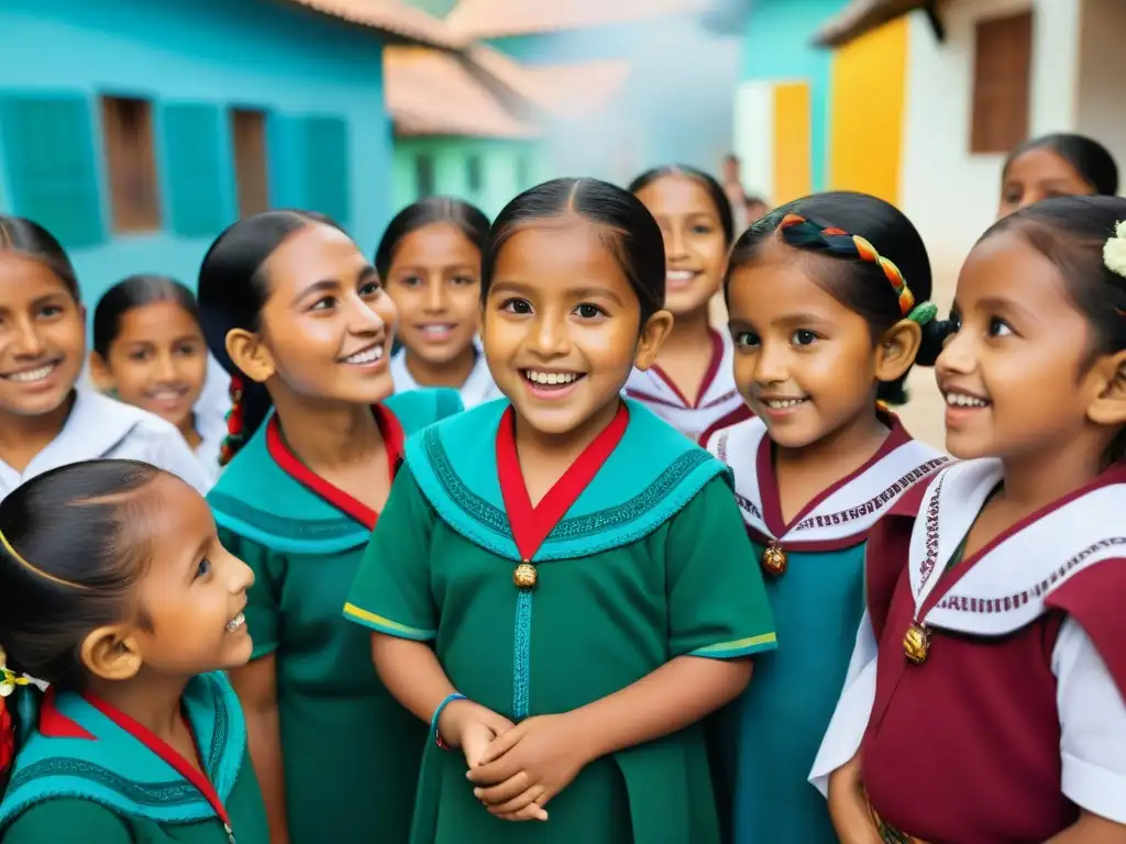 Un vibrante patio escolar donde niños mayas participan en un programa de revitalización lingüística, reflejando desafíos y triunfos en lenguas mayas