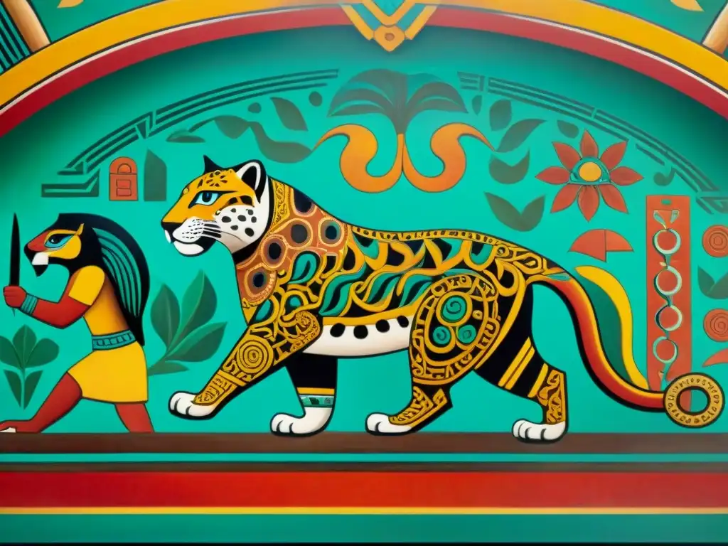 Una vibrante pintura maya detallada con animales y símbolos, mostrando el significado de los animales en la cultura maya