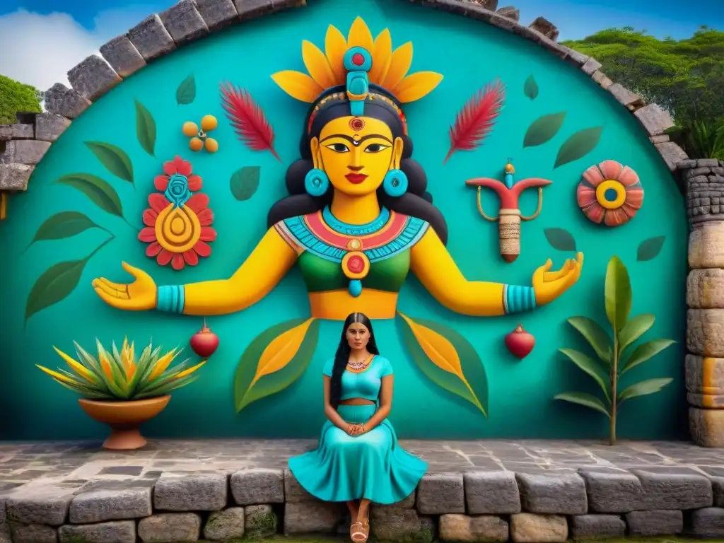 Una vibrante pintura mural de la Diosa Maya Ixchel rodeada de símbolos de sanación y naturaleza, en una concurrida plaza