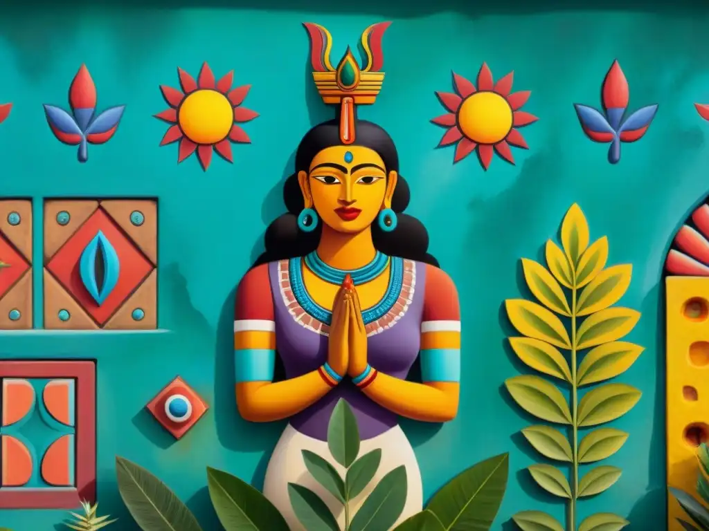 Una vibrante pintura mural de la Diosa Maya Ixchel, en un remoto pueblo maya, con detalles intrincados y colores vivos