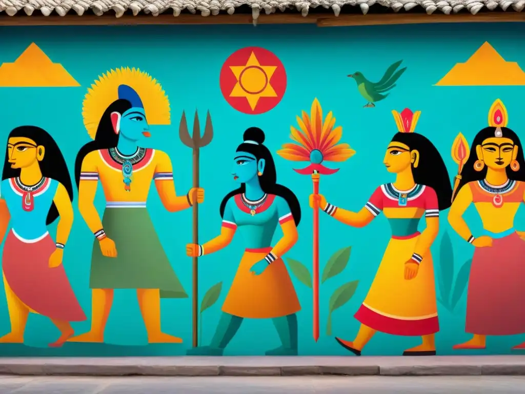 Una vibrante pintura mural de dioses mayas y criaturas míticas entrelazadas con símbolos literarios modernos