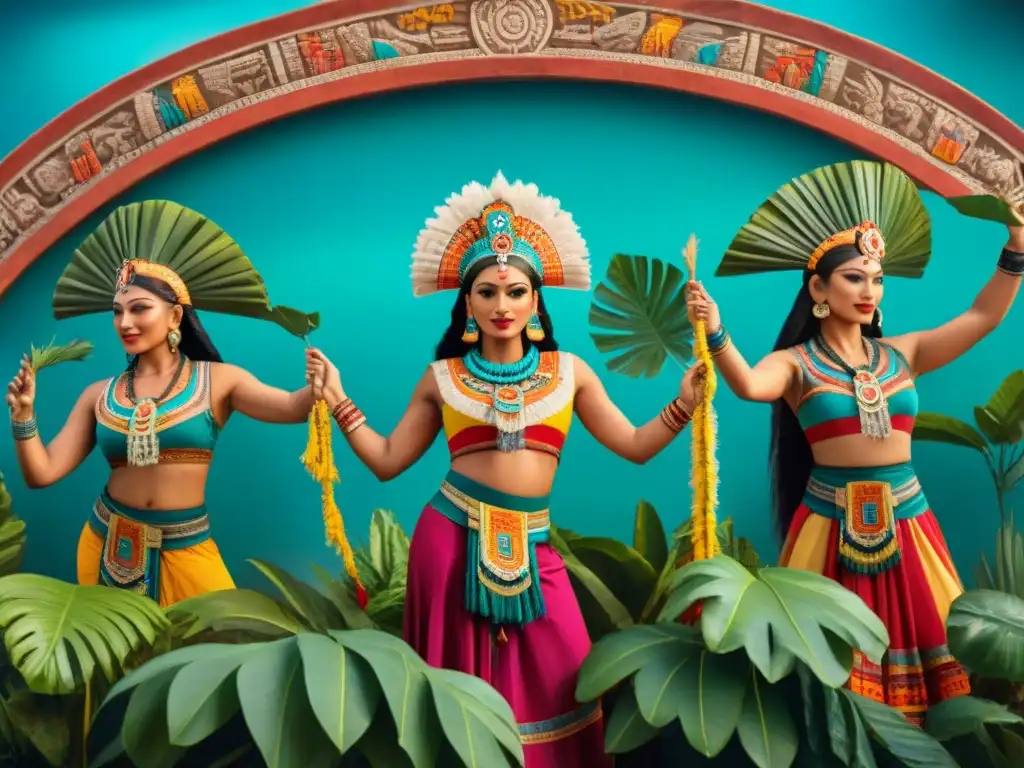 Una vibrante pintura mural maya que muestra fiestas y celebraciones en una escena colorida y elaborada