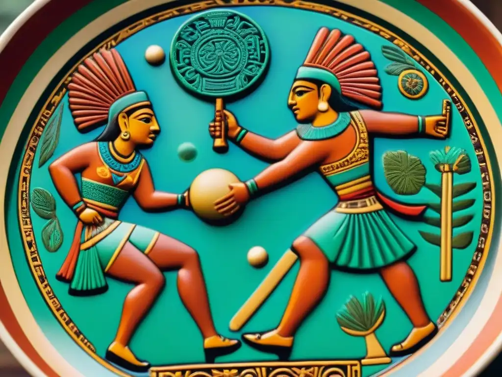 Vibrante plato cerámico con Representaciones Juego Pelota, detallado diseño maya en colores ricos y tierra